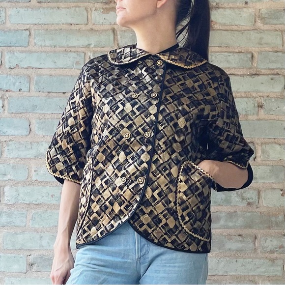 Vintage Jackets & Blazers - Vintage Bed Jacket 50s Quilted Gold Metallic Plaid Print Cropped Boxy Dream Wear